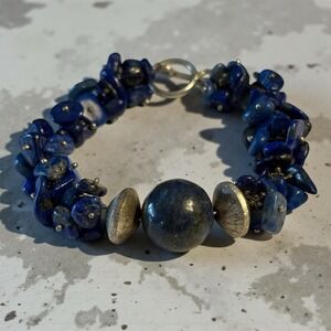Lapis Lazuli Bracelet Healing Crystal Gemstone Beaded Toggle Blue Chip Ball Gem